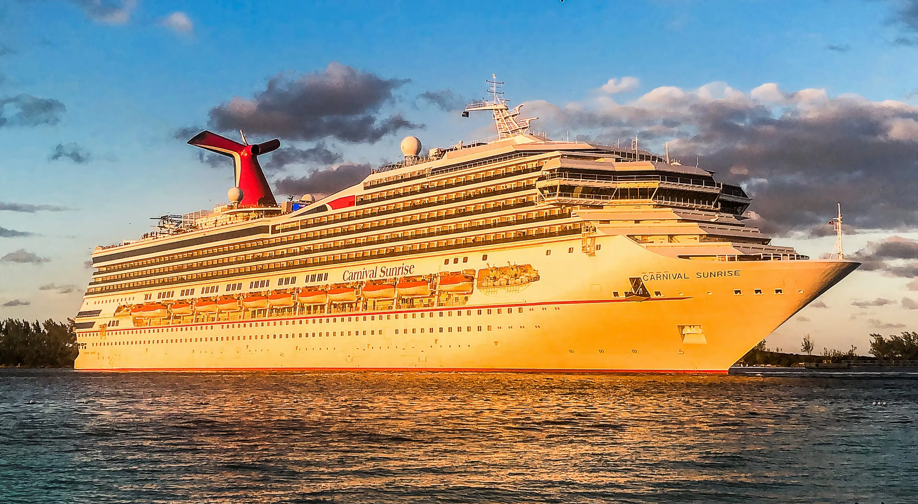 Cruise ship deck at sunset